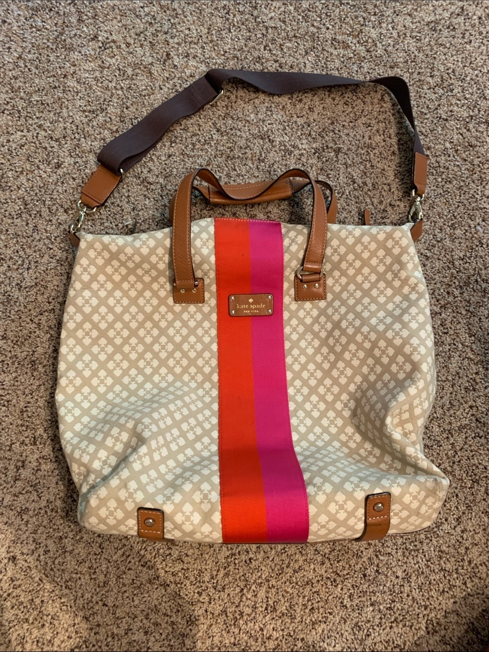 kate spade Beige Canvas Tote with Pink and Orange Center Stripe